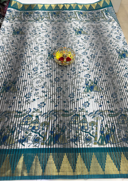 Printed Silk Blend Saree for Women with Temple Border and Traditional Ethnic Design