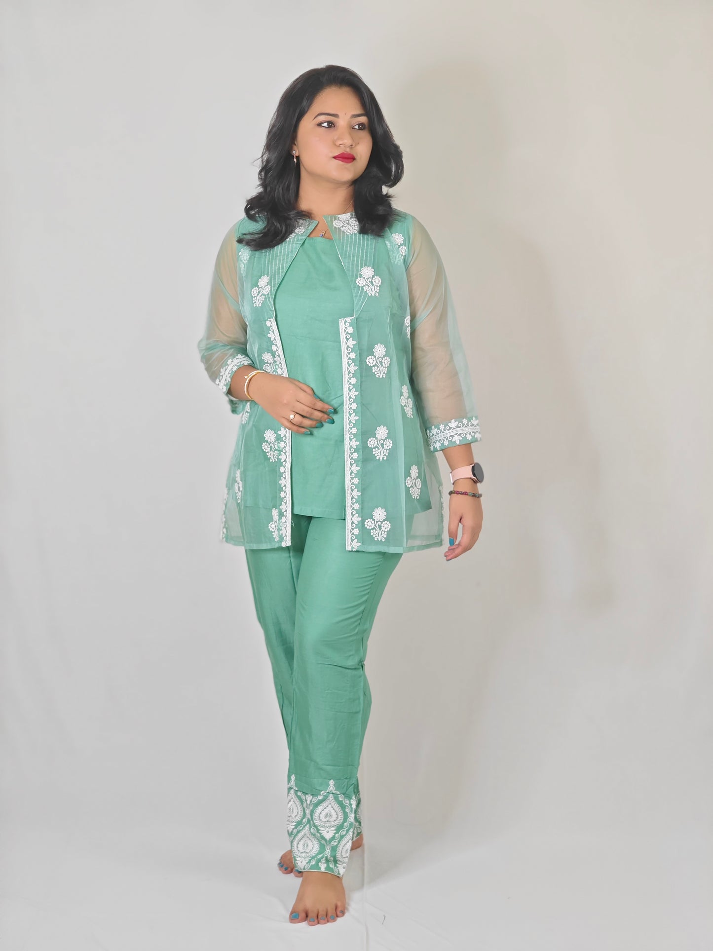 White Thread Embroidered Organza Kurta with Rayon Pant Set for Women