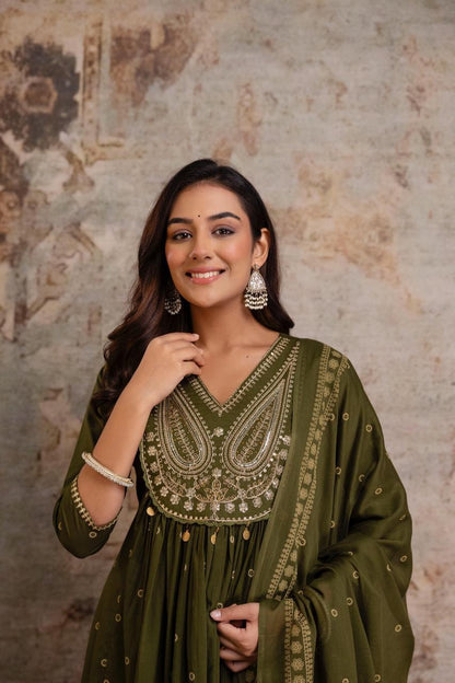 Women’s cotton 60x60 kurta pant dupatta set olive green, yoke motif print, three piece suit set, sizes M-3XL