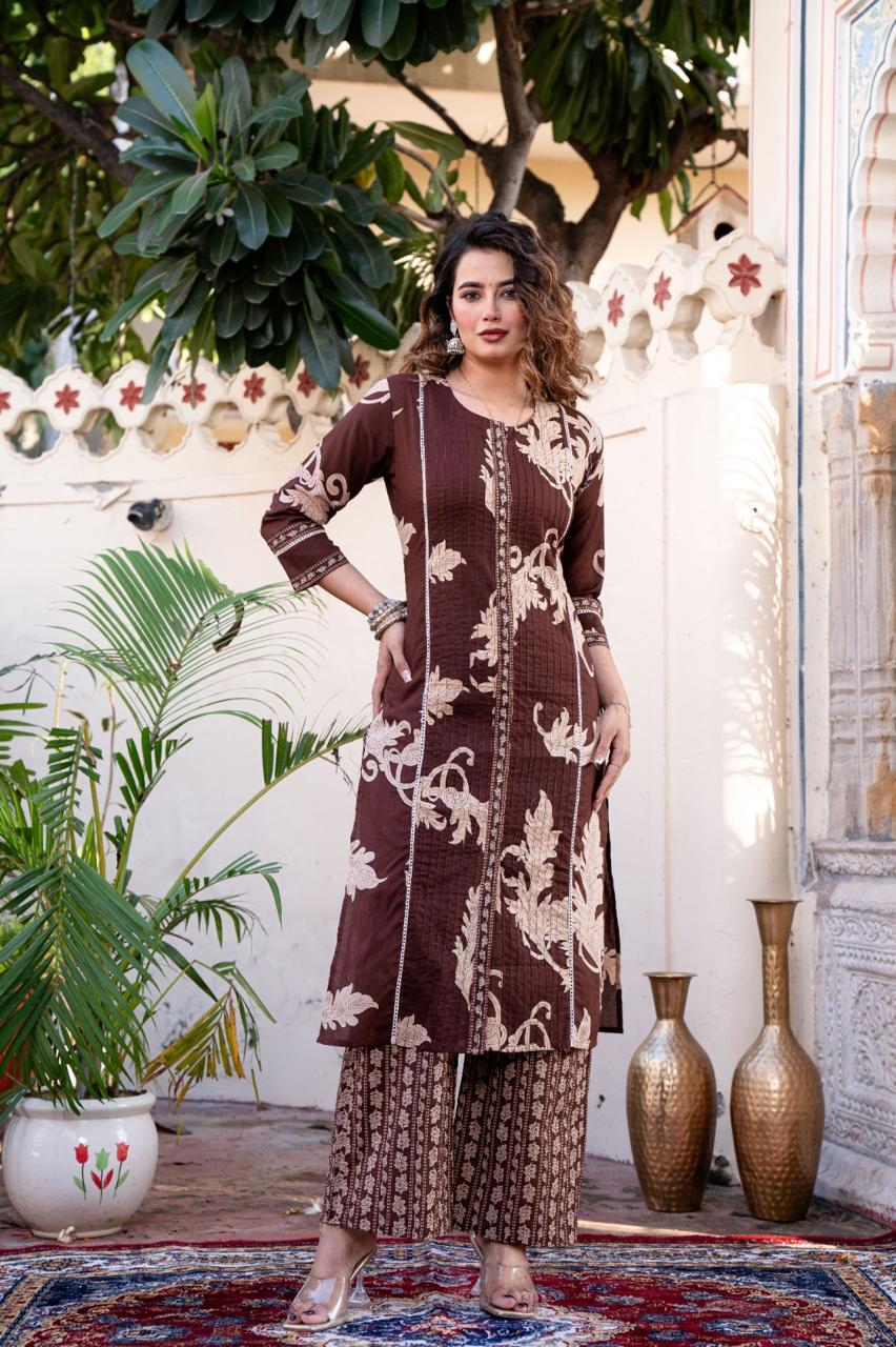 Women’s brown cotton 60x60 straight kurta palazzo set with printed dupatta, M–3XL