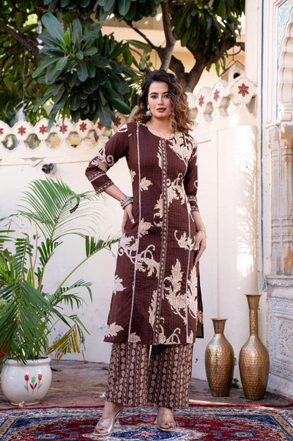 Women’s brown cotton 60x60 straight kurta palazzo set with printed dupatta, M–3XL