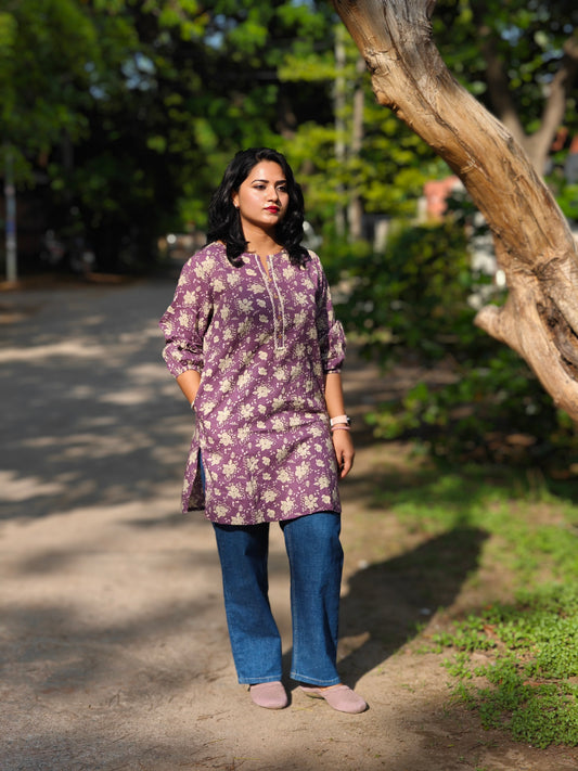 Purple Cotton Floral Printed Regular Fit Tunic for Women – Sizes S to 2XL