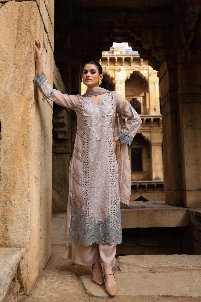 Organza Kurta Pant Dupatta Set for Women with Cutwork and Lace Detailing, V-Neck Ethnic Wear Set