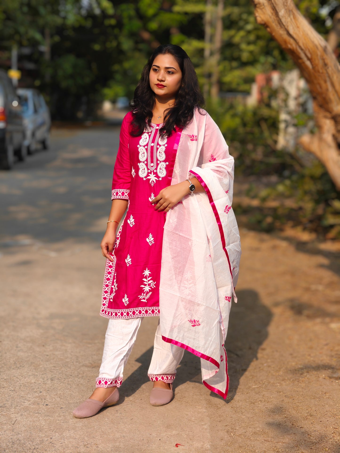 Designer kurti pant dupatta set for women in 14 kg rayon with cotton embroidery and chanderi silk dupatta