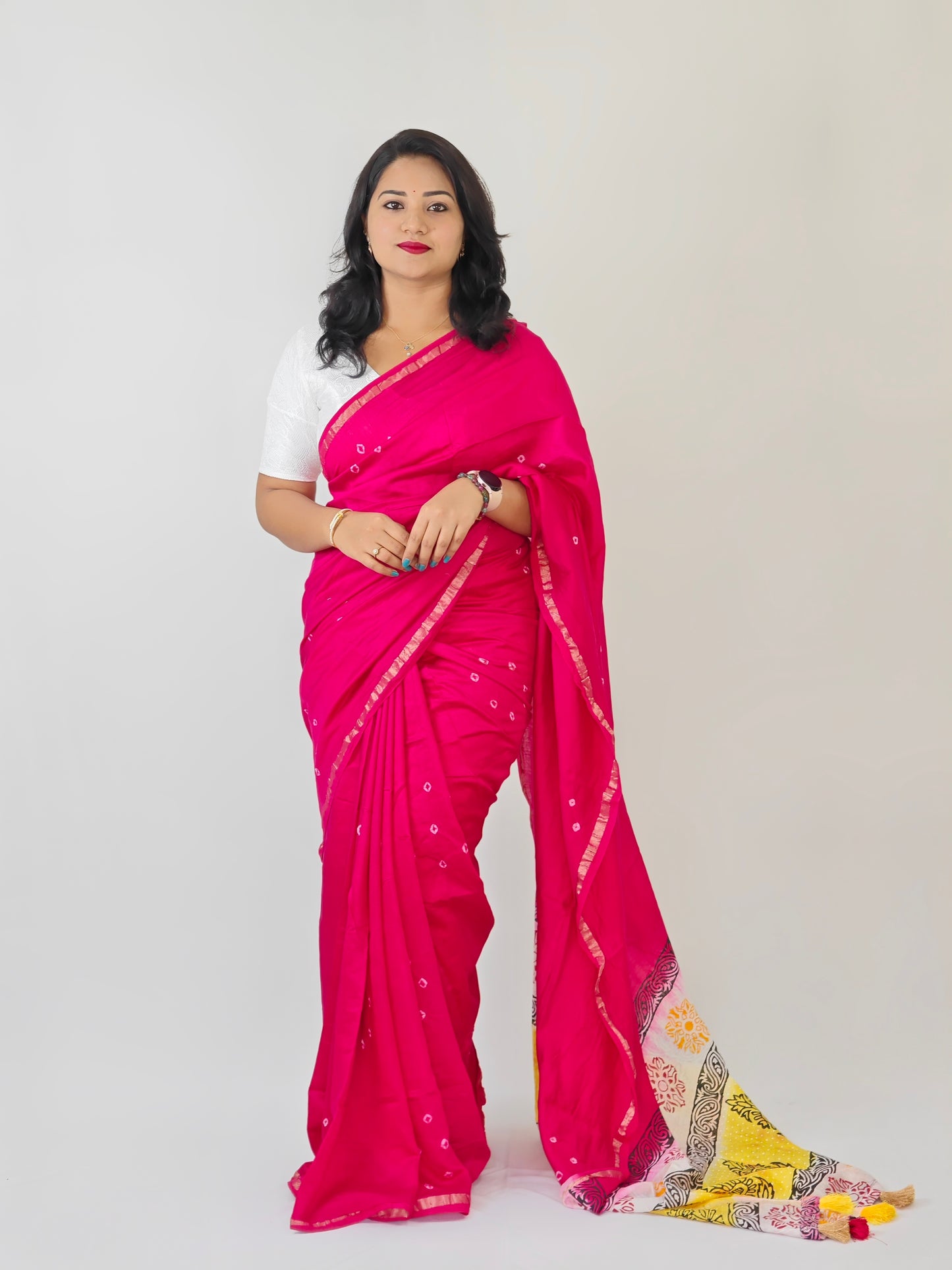 Chanderi Cotton Saree with Hand-Tied Bandhani and Block Printed Pallu – Festive Wear for Women