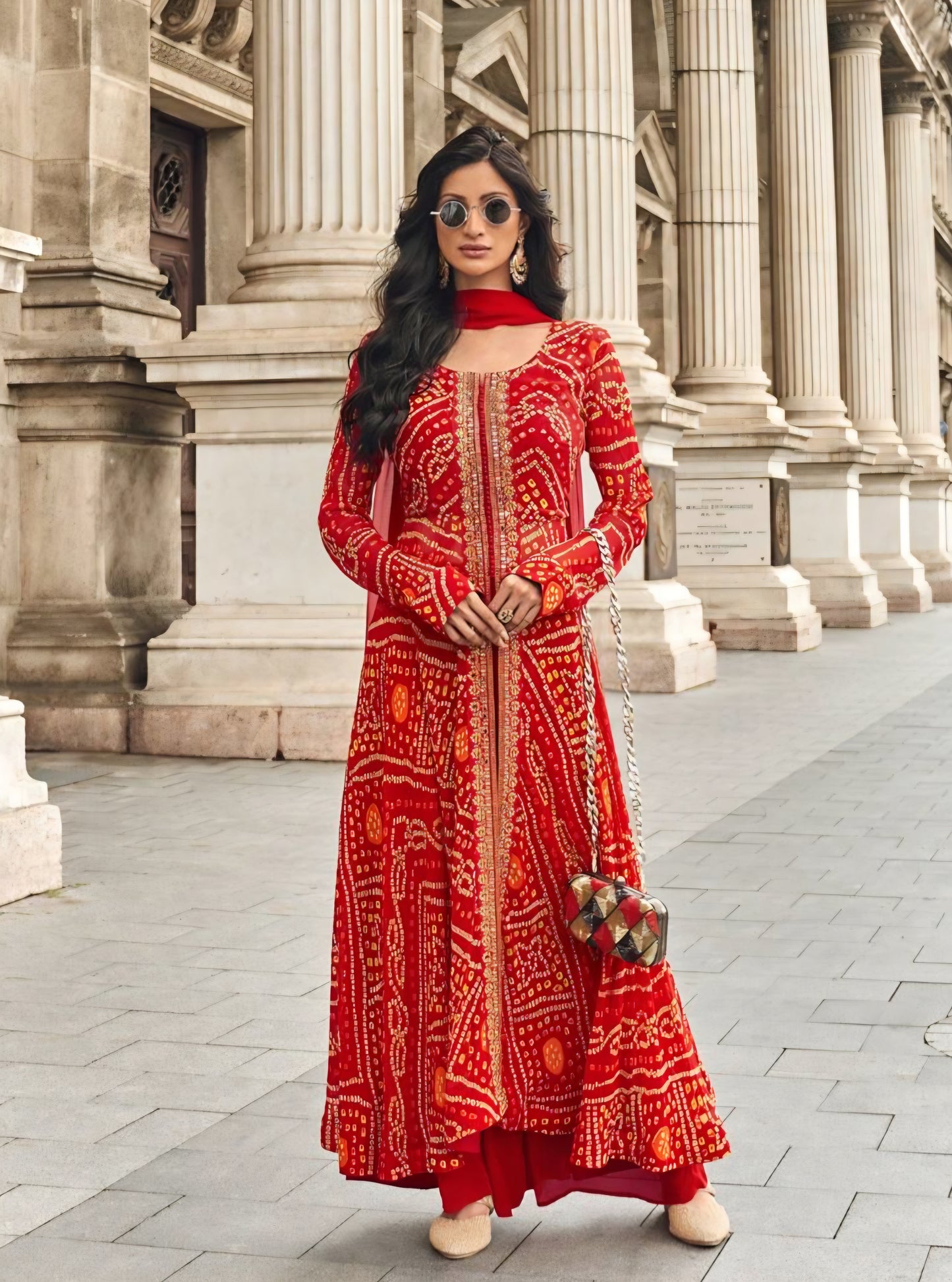 Viscose jacquard silk anarkali suit set with hand embellishment and georgette dupatta – free size stitched