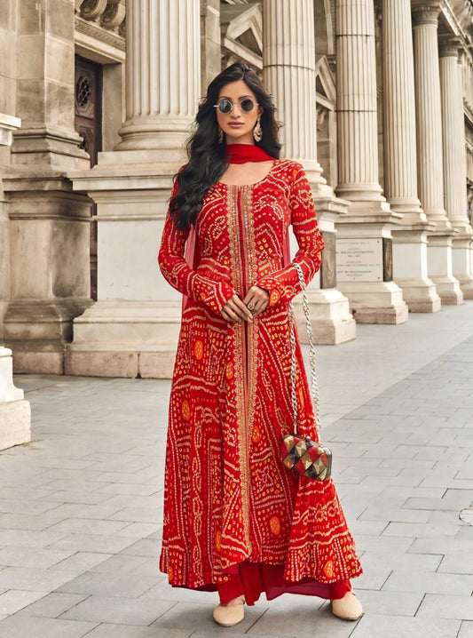 Viscose jacquard silk anarkali suit set with hand embellishment and georgette dupatta – free size stitched