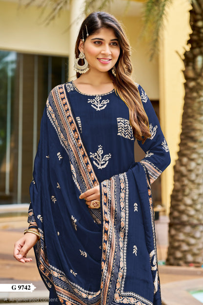 Pure natural crepe kurti pant dupatta set with heavy handwork and cotton lining for women