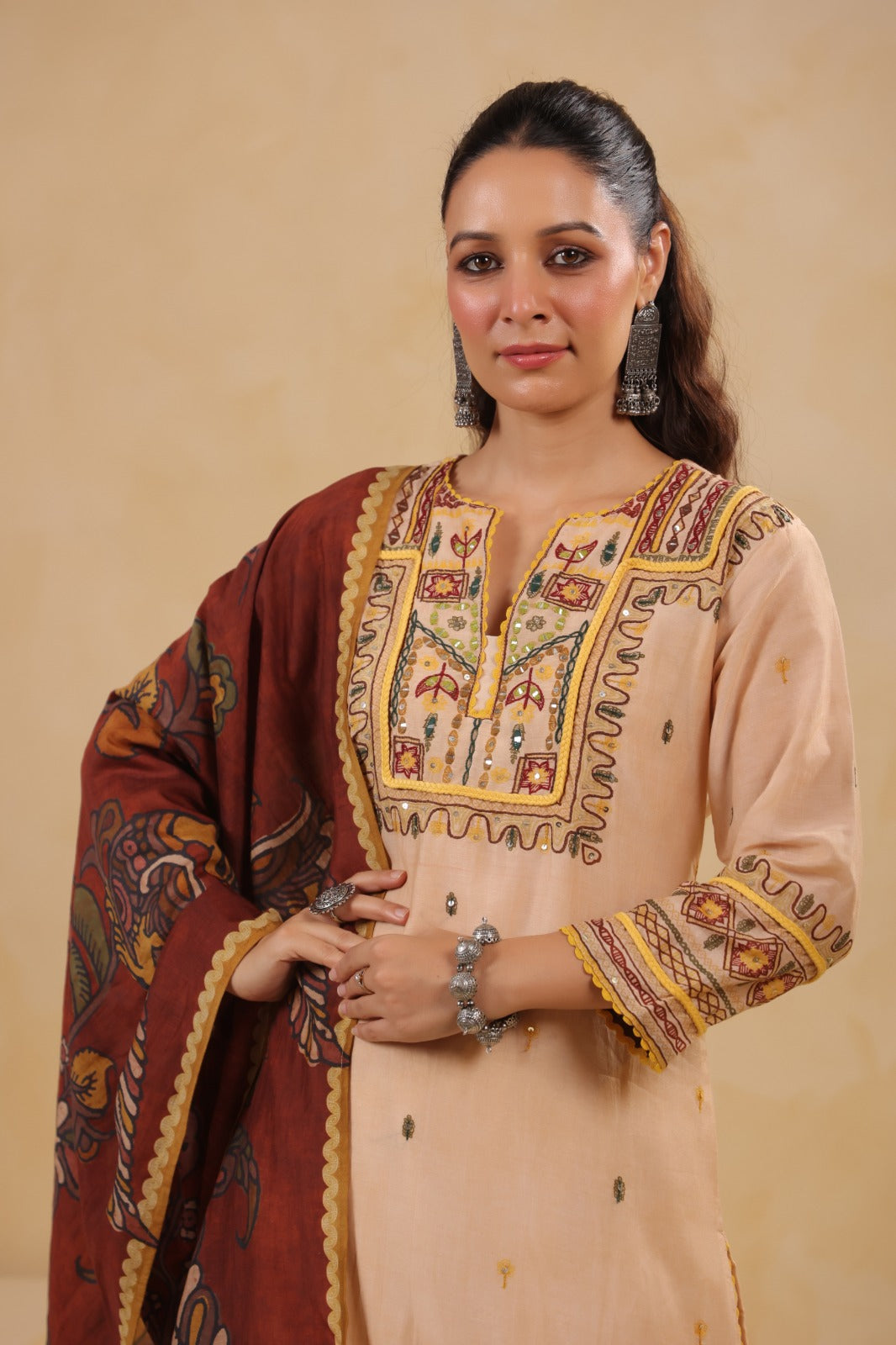 Mul Chanderi Kurti Pant Dupatta Set with Dori and Sequin Handwork for Women