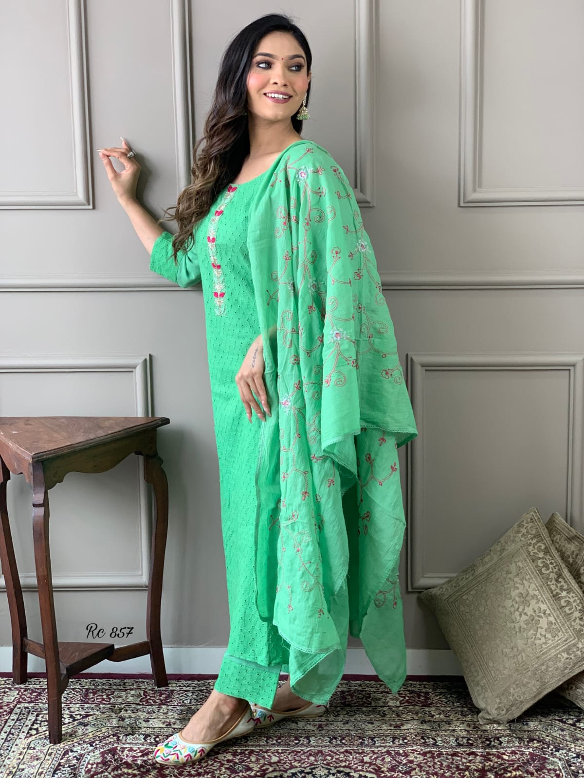 Cotton Schiffli Chikankari Kurta Set with Pants and Printed Silk Dupatta – Women’s Ethnic Wear