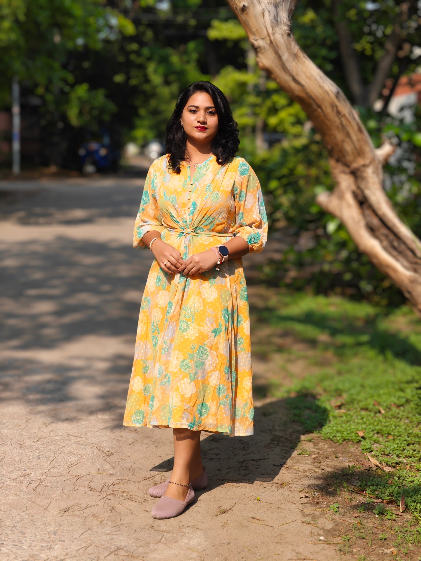 Women’s Yellow Floral Printed Western Midi Dress with Knot Detail – Sizes M to 3XL