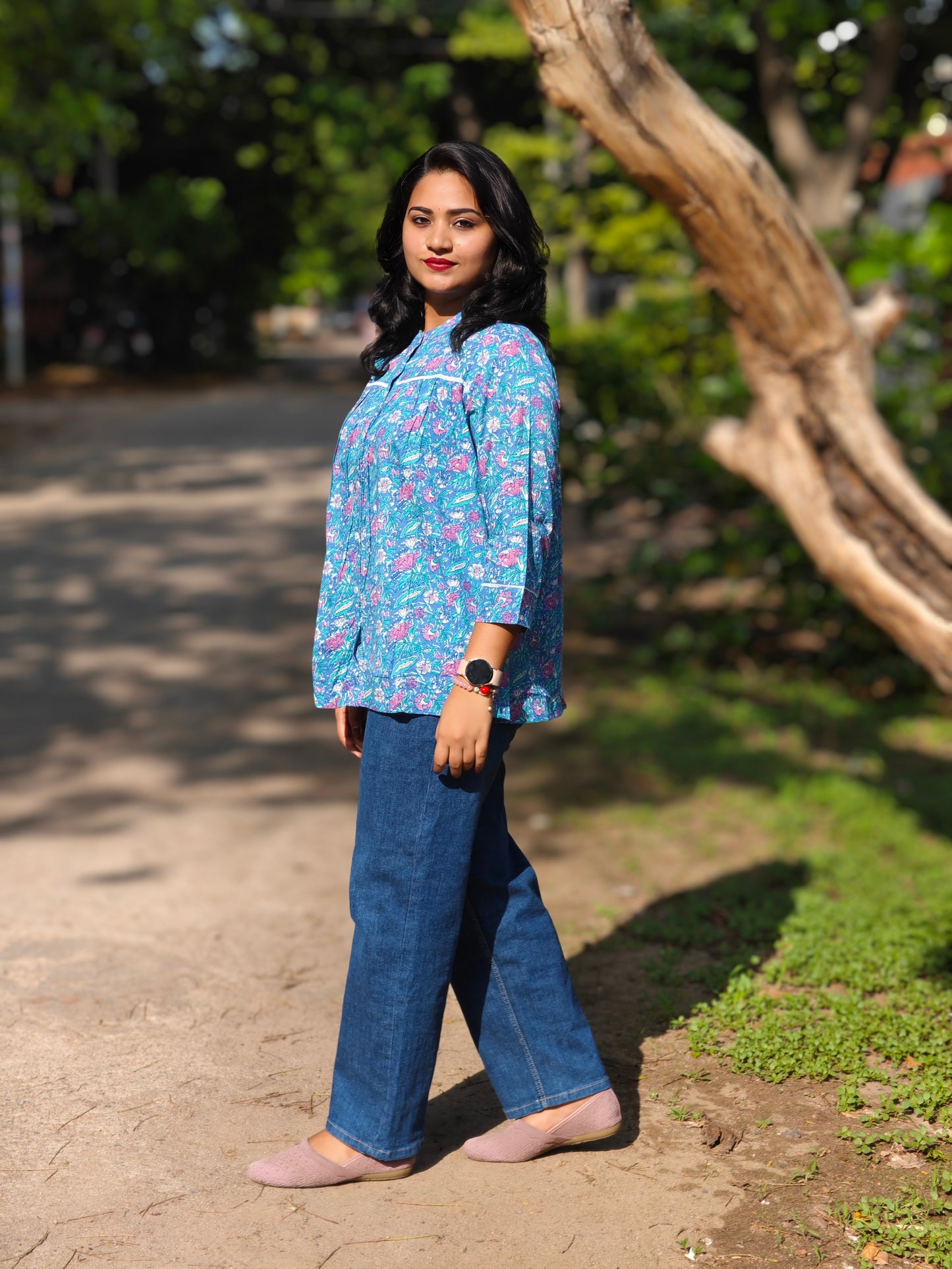 Blue Cotton Floral Print Short Top for Women – Sizes S to XL