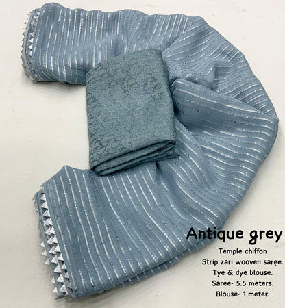 Soft Chiffon Saree with Silver Zari Weaving & Gota Temple Border – Banarasi Silk Blouse Included