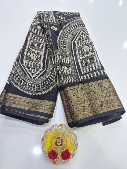 Silk Blend Saree for Women with Temple and Folk Motif Border Traditional Design