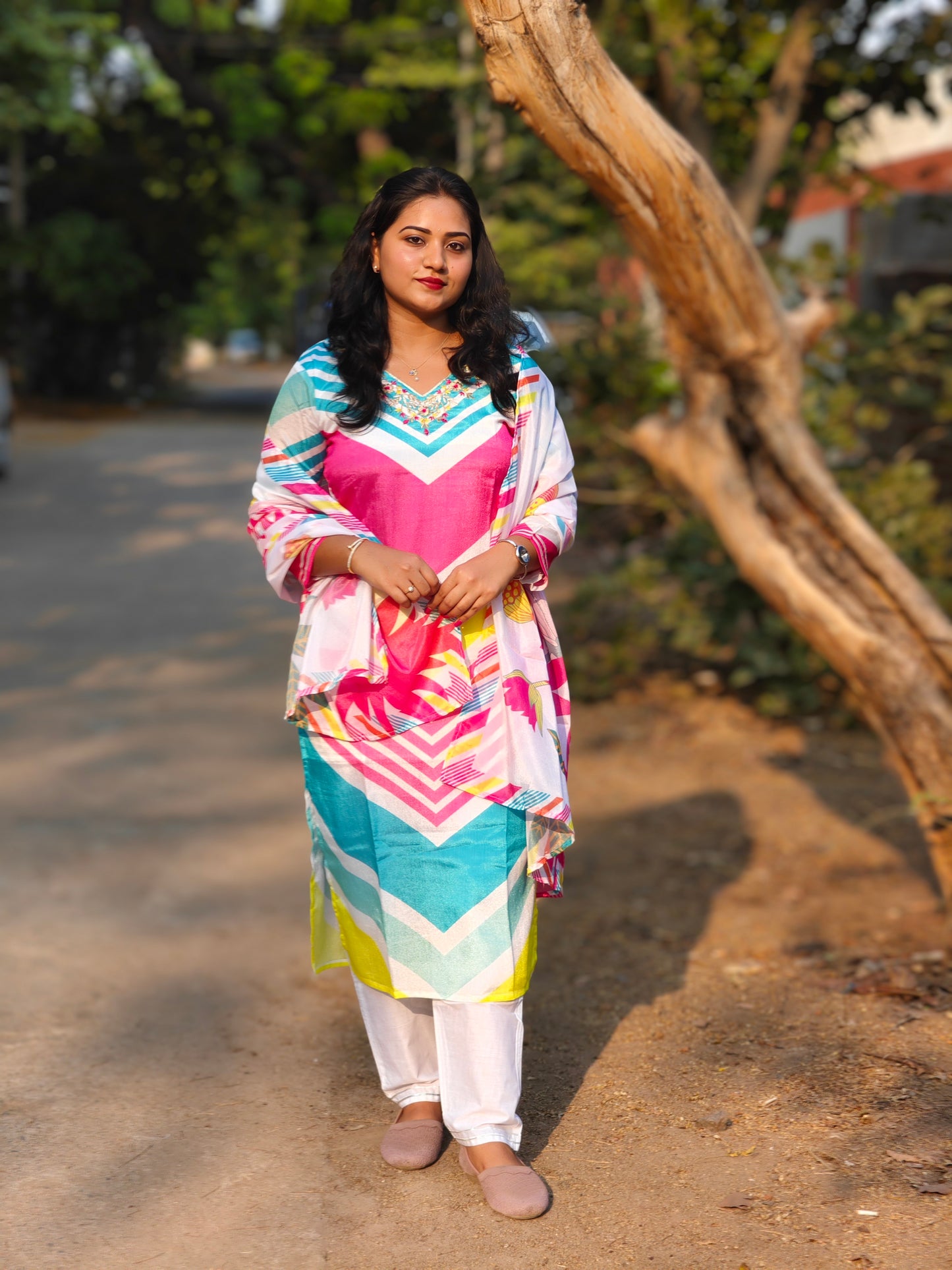 Multicolor Chinon Suit Set with Mirror and Jari Handwork for Women
