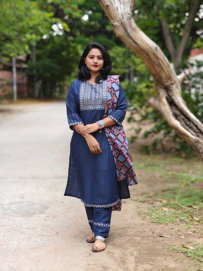 Chinon Cotton Embroidered Kurta Pant Dupatta Set for Women with Silk Blend Dupatta – Sizes S to XXL