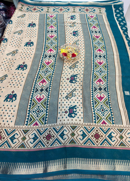 Tribal Printed Silk Blend Saree for Women with Ethnic Border and Traditional Folk Design