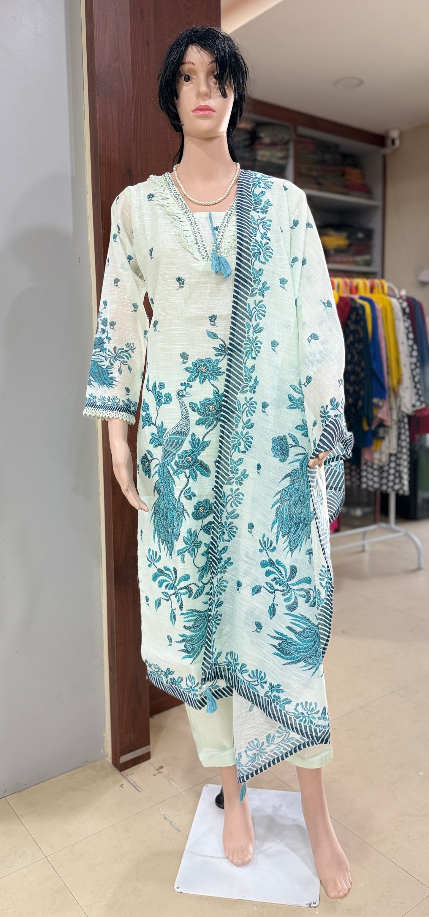 Embroidered linen kurta pant dupatta set for women with floral bird print, tassel neck, sizes 38 to 44