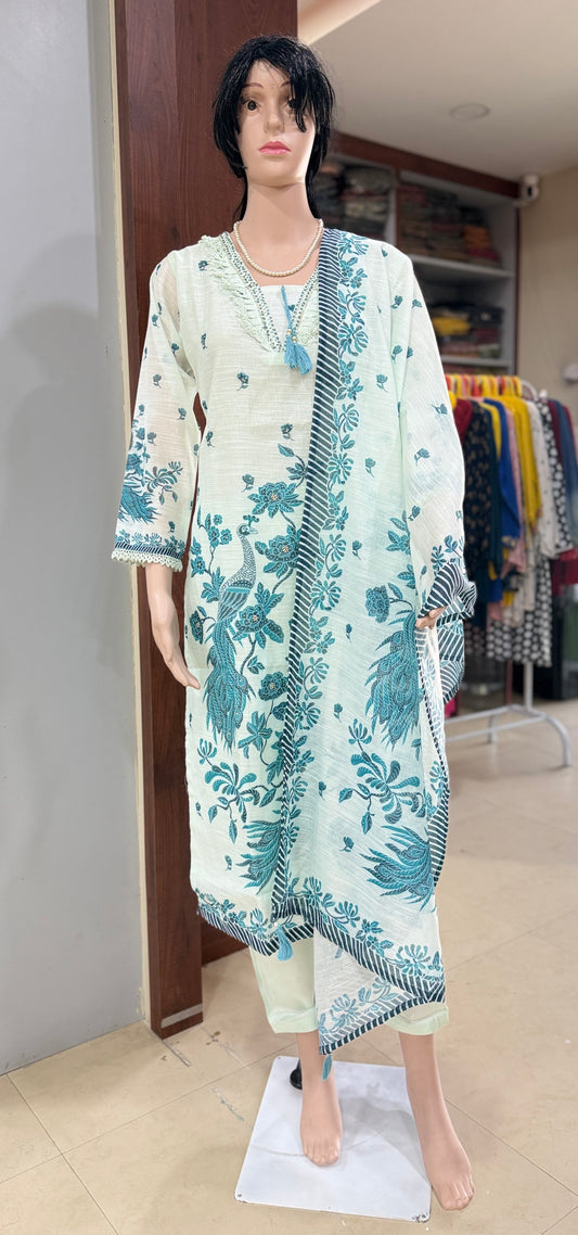 Embroidered linen kurta pant dupatta set for women with floral bird print, tassel neck, sizes 38 to 44