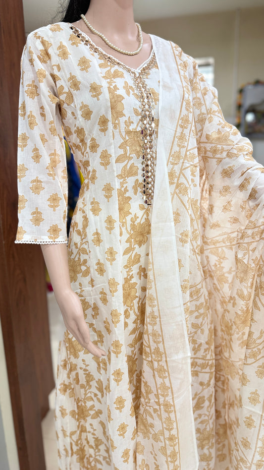 Mul cotton anarkali kurta pant dupatta set for women with lining, printed ethnic 3 piece set, sizes 38 to 44