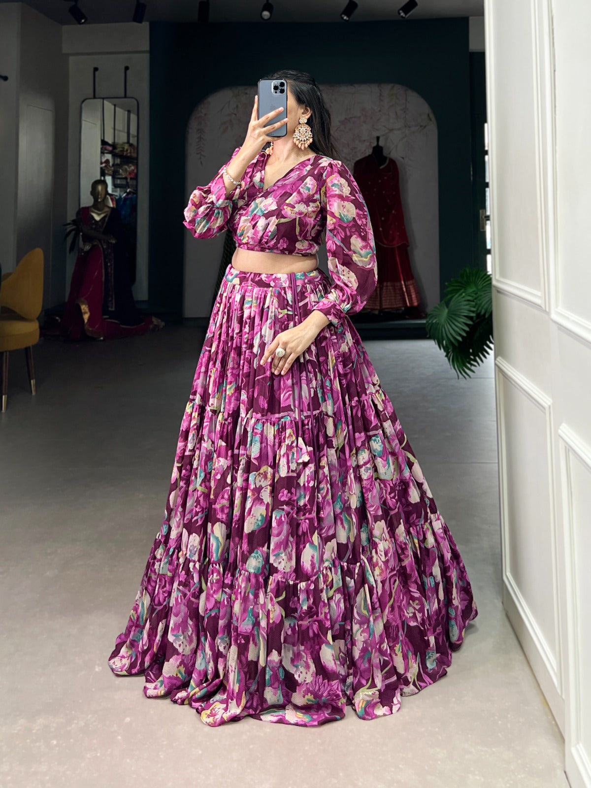 Georgette Chex Floral Print Co-ord Set with Lehenga and Blouse for Women – Stitched