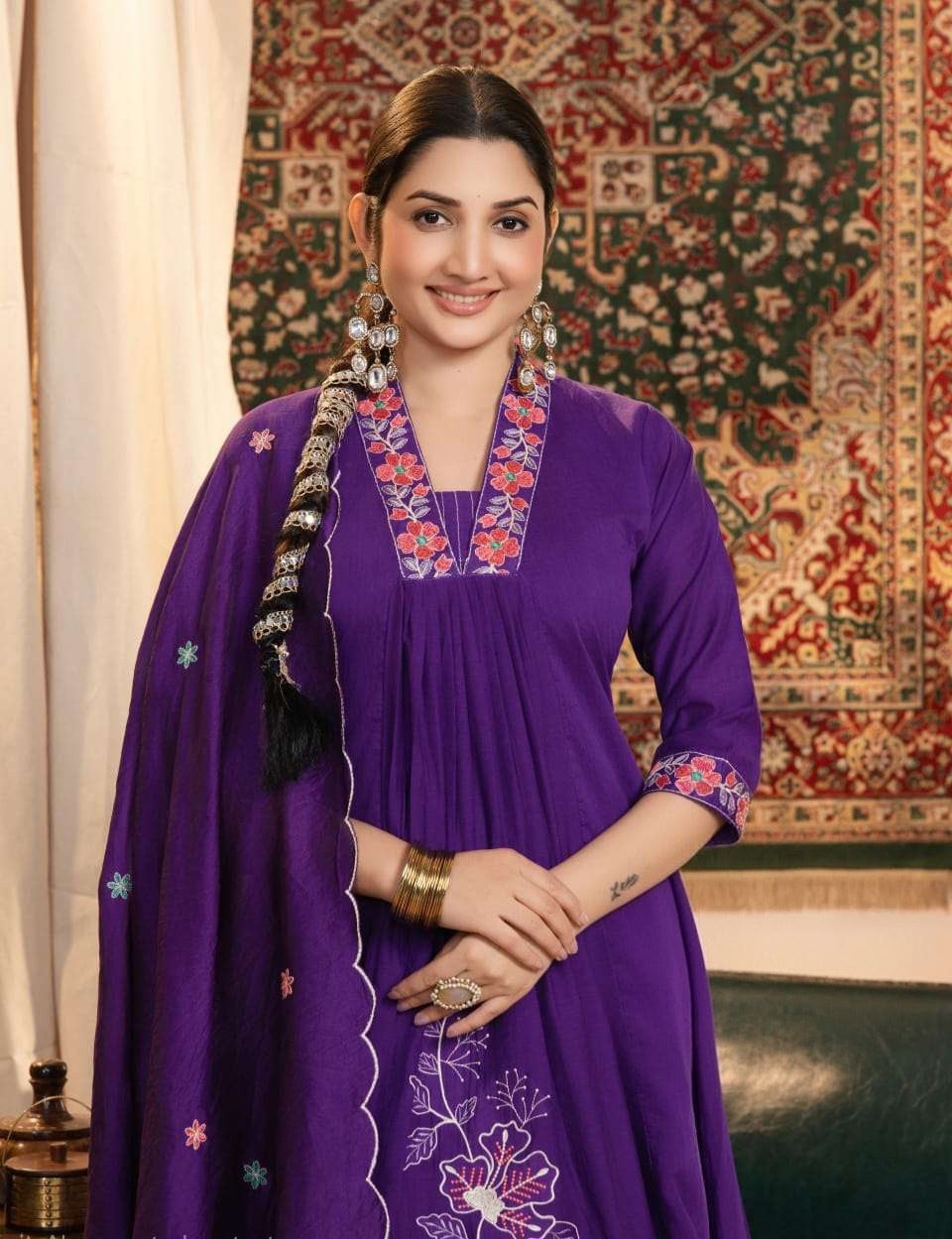 Mul Chanderi anarkali kurta set with cotton lining, Roman bottom and Chanderi dupatta, women’s festive 3 piece set XL–3XL