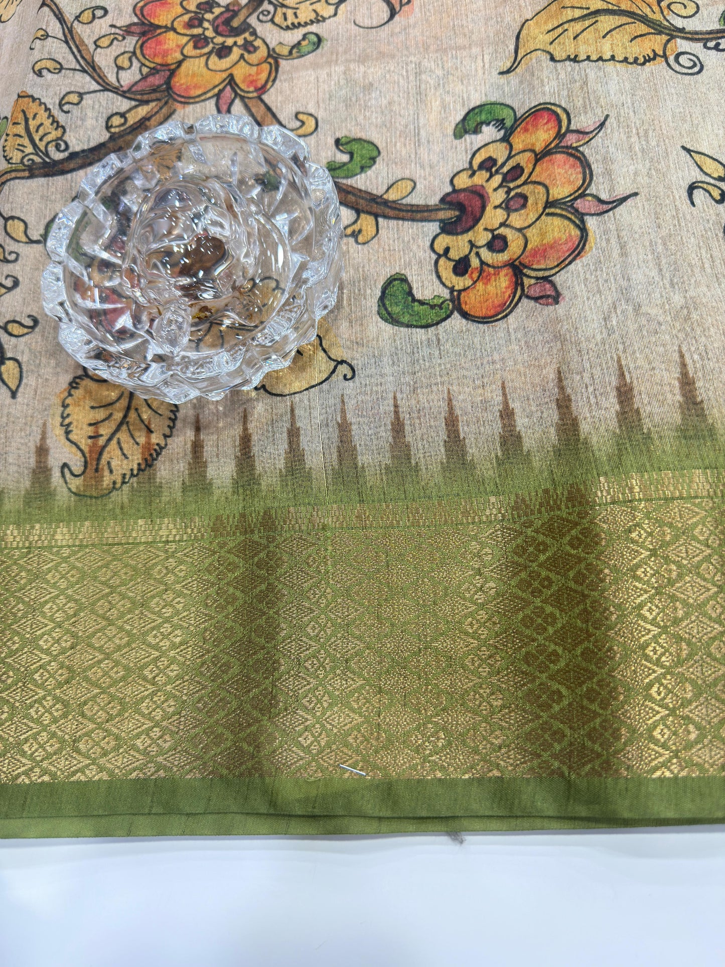 Pashmina Silk Kashmiri Printed Saree for Women Kalamkari Bird Floral Design with Zari Border Ethnic Saree