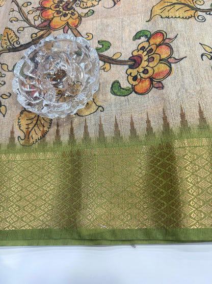 Pashmina Silk Kashmiri Printed Saree for Women Kalamkari Bird Floral Design with Zari Border Ethnic Saree