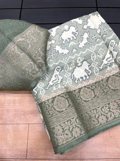 Premium Crepe Silk Printed Saree with Weaving Viscose Border and Running Blouse