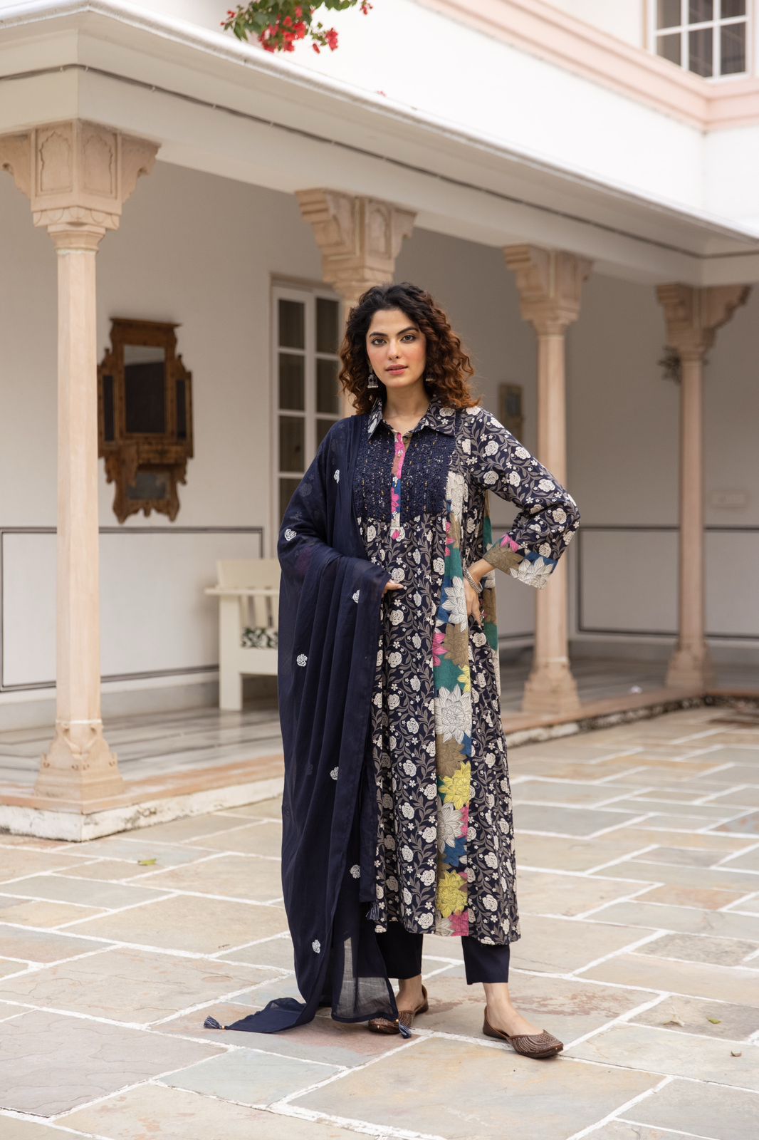 Cotton Printed Kurta Set for Women with Floral Panels and Dupatta