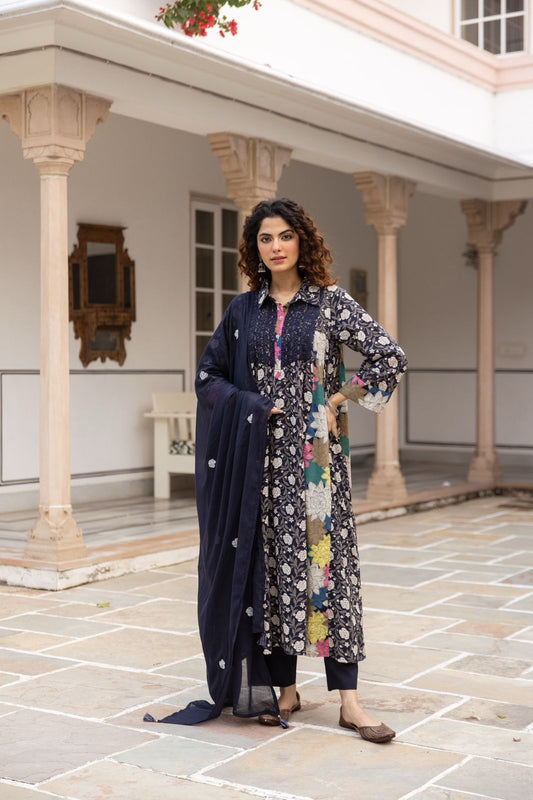 Cotton Printed Kurta Set for Women with Floral Panels and Dupatta