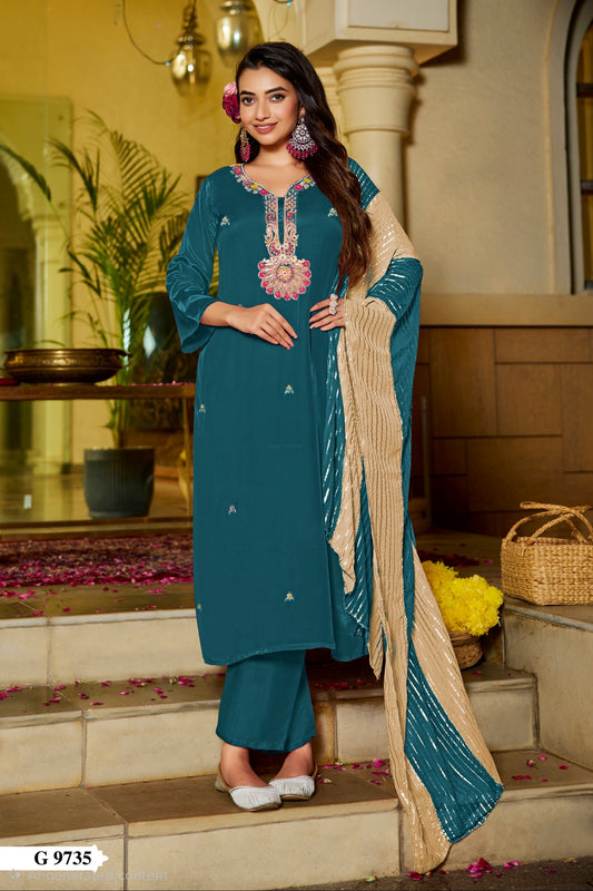 Pure natural crepe kurti pant dupatta set with chiffon lurex dupatta and handwork for women