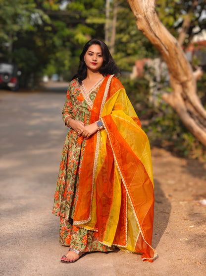 Green Cotton Ethnic Printed Kurta with Flared Palazzo and Dupatta – Sizes L & XL