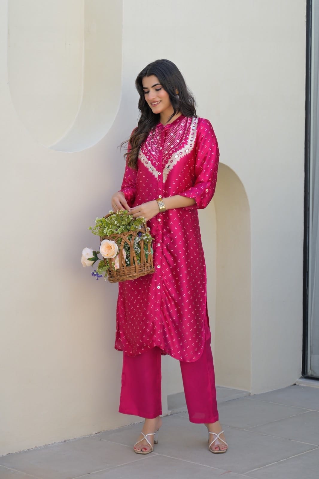 Gajji Silk Bandhani Printed Kurta Pant Set for Women with Mirror Work – Festive Wear, Sizes M to XXL