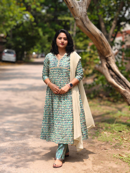 Teal Blue Chanderi Floral Kurta with Pant and Dupatta – Festive Women’s Set