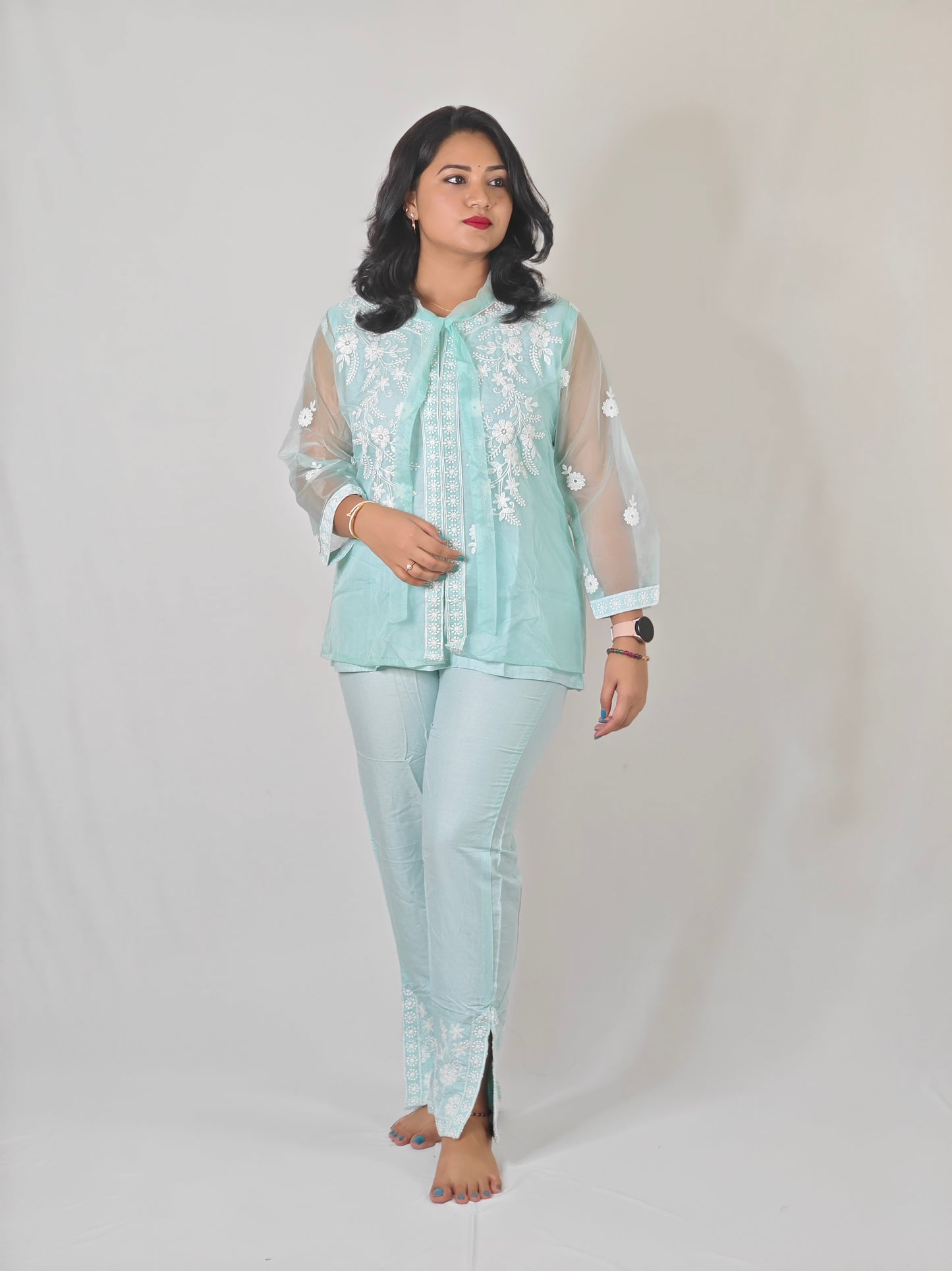 White Thread Embroidered Organza Kurta with Rayon Pant Set for Women