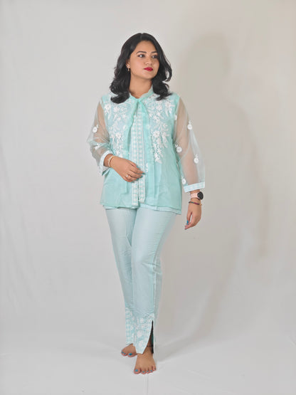 White Thread Embroidered Organza Kurta with Rayon Pant Set for Women
