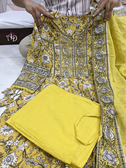 Cotton Anarkali Suit Set with Hand Embroidery, Zari Weaving and Lace Dupatta – Women’s Festive Wear