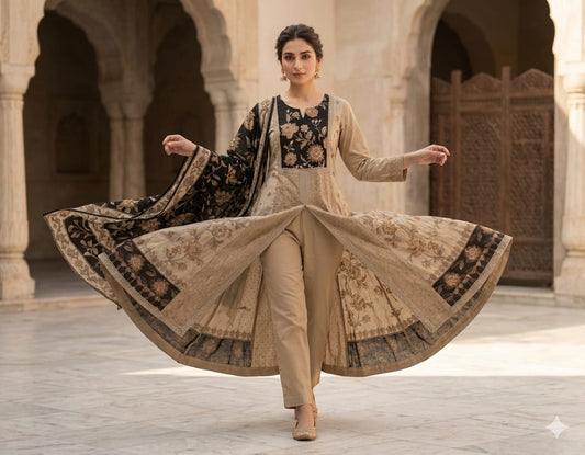 Cotton Schiffli Front Cut Kurta Pant Dupatta Set for Women with Floral Detailing and Printed Dupatta