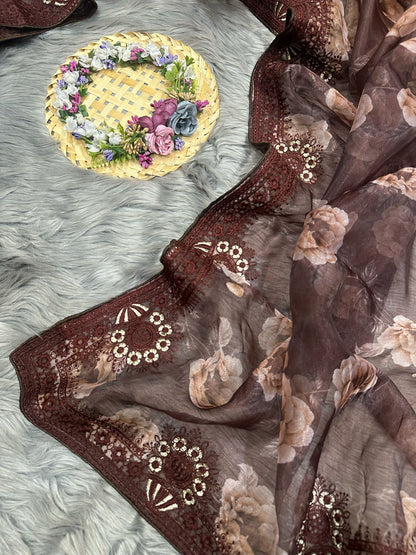 Organza Silk Saree with Digital Print and Viscos Thread Work – Banglori Silk Blouse Included