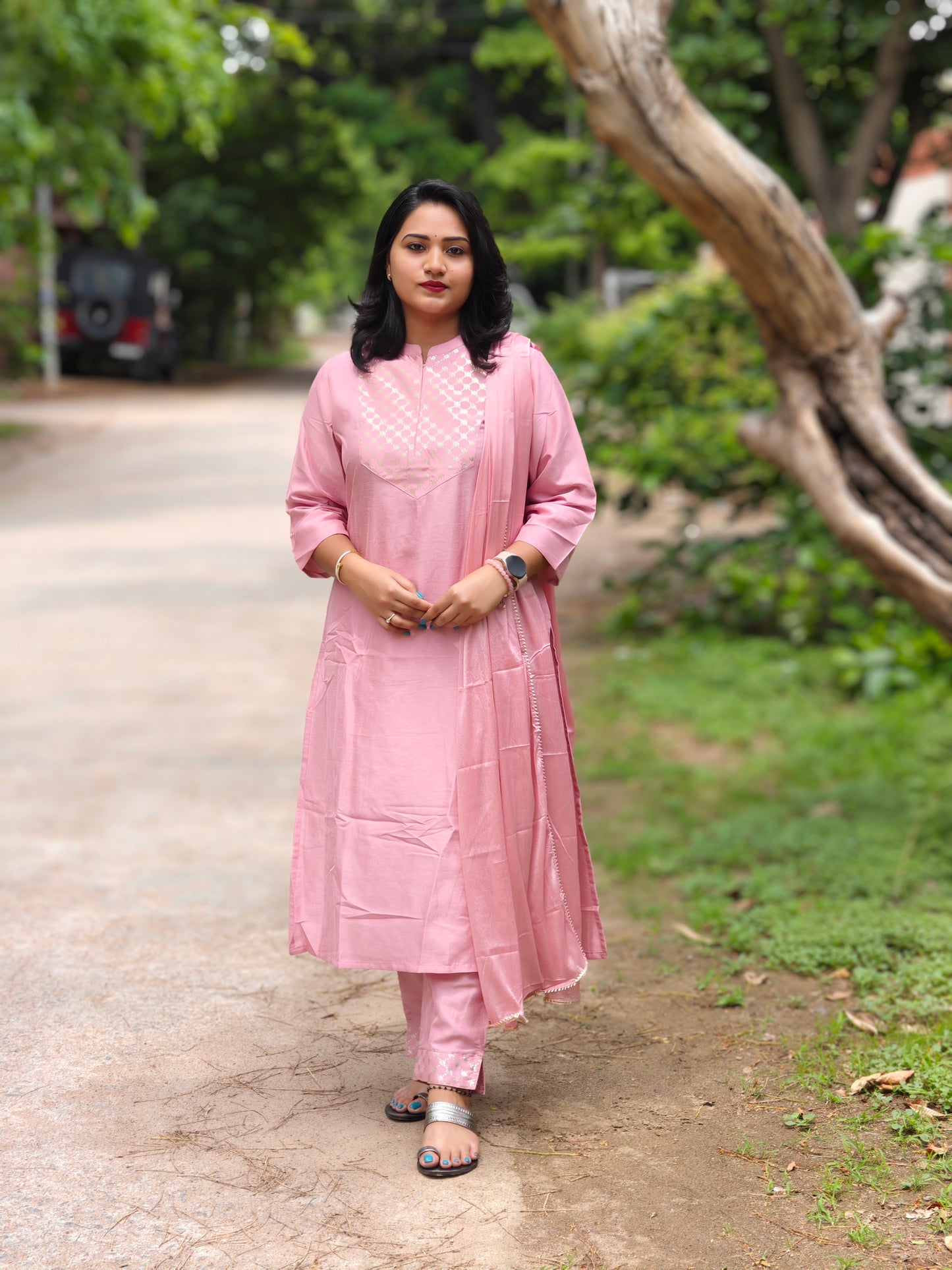 Pink Poly Silk Straight Kurta Pant Dupatta Set with Chiffon Dupatta for Women