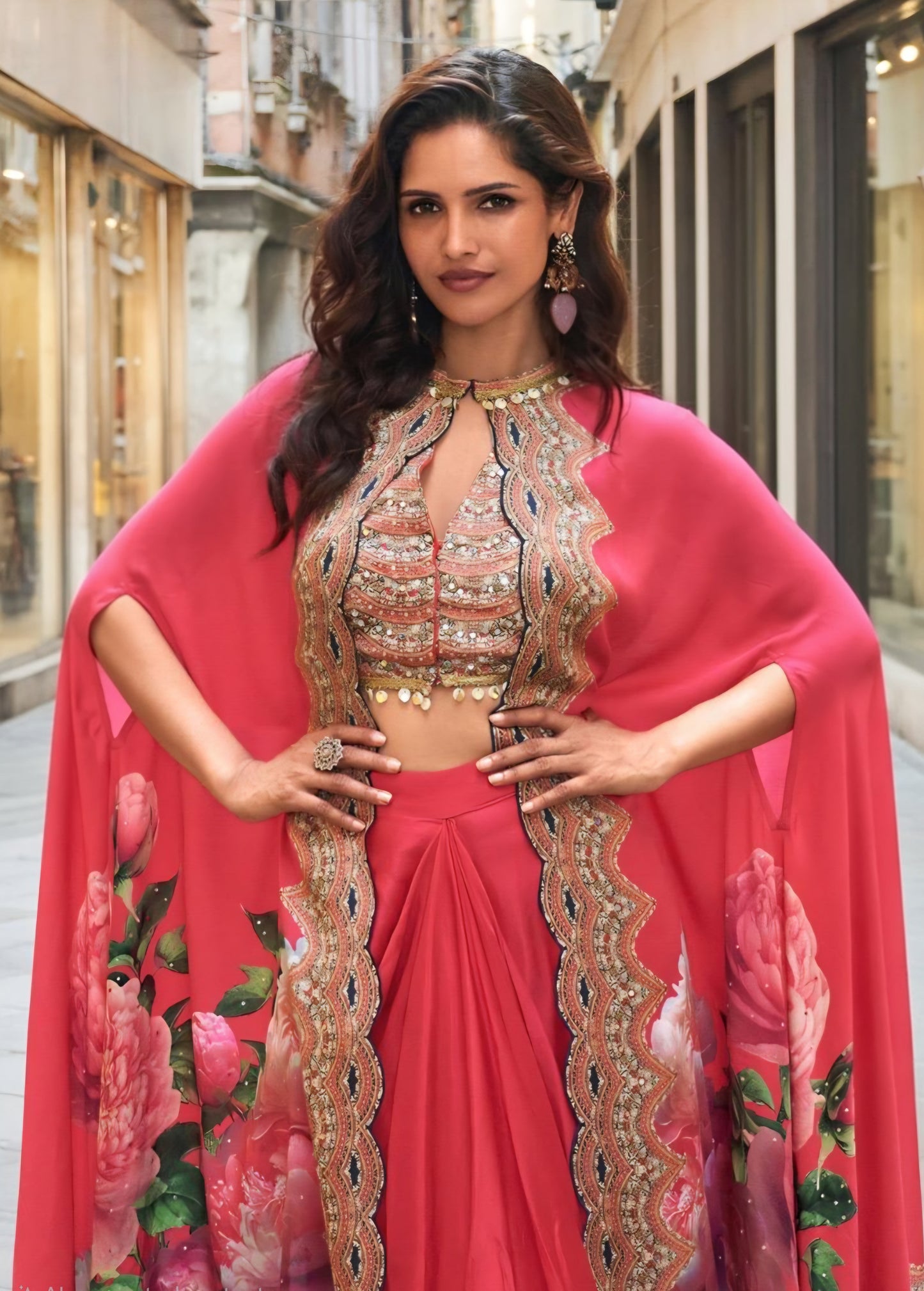 French Crepe Silk Jacket Blouse Dhoti Set with Handwork for Wedding Wear