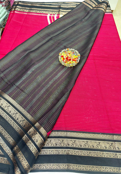 Munga Crape Silk Saree for Women with Contrast Woven Border and Traditional Stripe Design