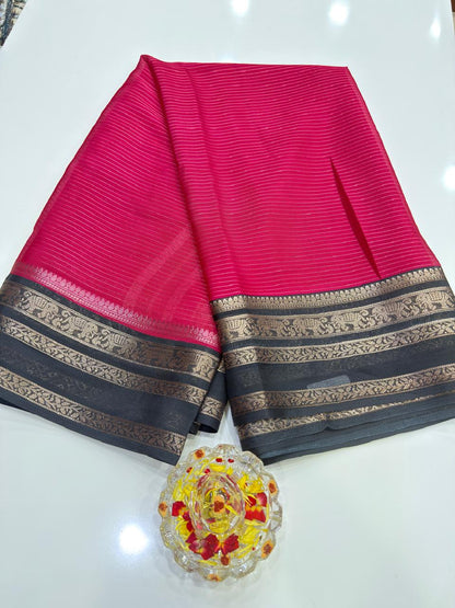 Munga Crape Silk Saree for Women with Contrast Woven Border and Traditional Stripe Design