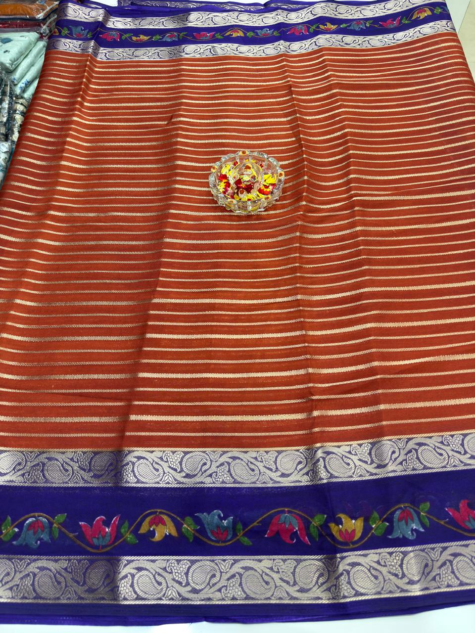 Munga Crape Silk Saree for Women with Contrast Woven Border and Traditional Stripe Design