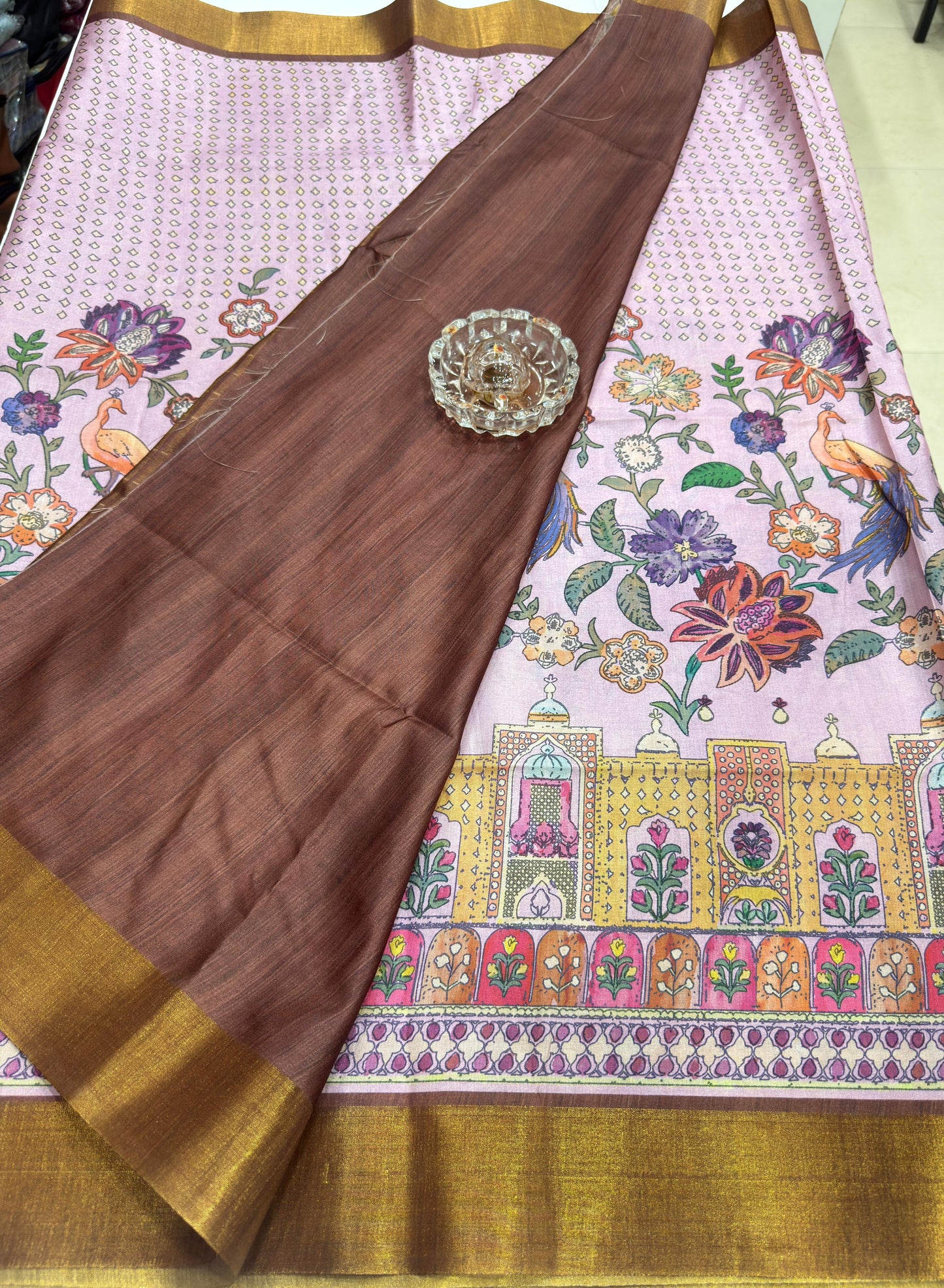 Soft Tussar Silk Printed Saree with Contrast Border, Tassels and Blouse for Women