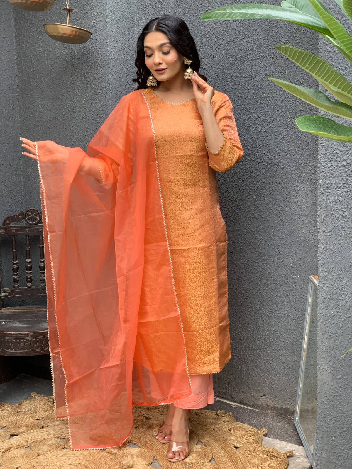 Brocade Banarasi Straight Kurta Pant Set with Organza Dupatta for Women