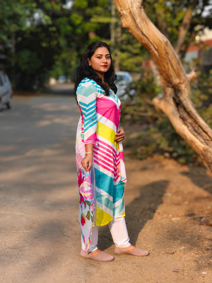 Multicolor Chinon Suit Set with Mirror and Jari Handwork for Women