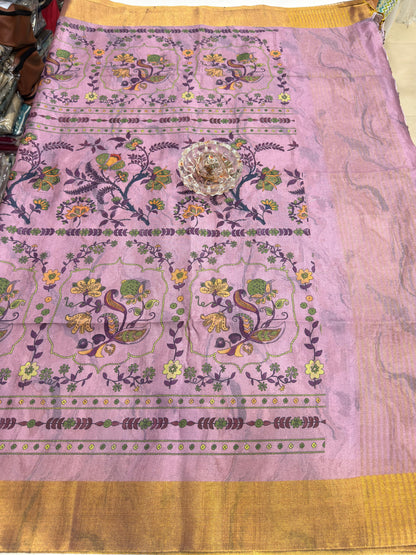 Soft Tussar Silk Printed Saree with Contrast Border, Tassels and Blouse for Women