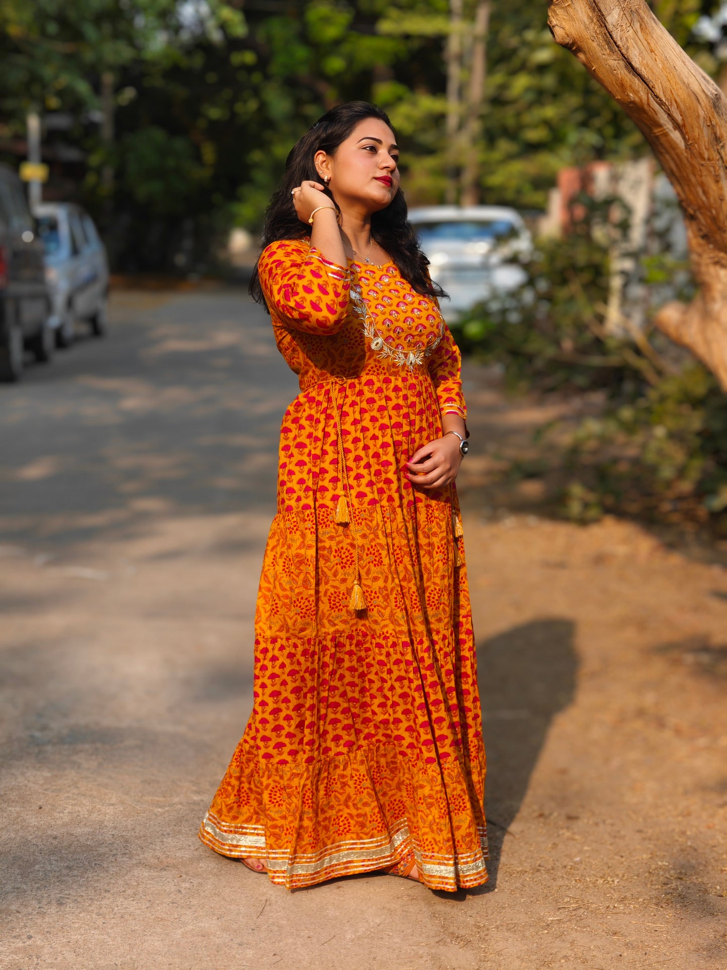 Women’s Cotton Floral Print Flared Maxi Dress with Embroidered Yoke – Sizes M to 2XL